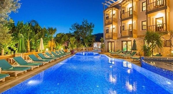 Hotel and pool at night